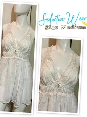 Seductive Wear Women's Cream Lace & Dotted Mesh Chemise - Size Medium